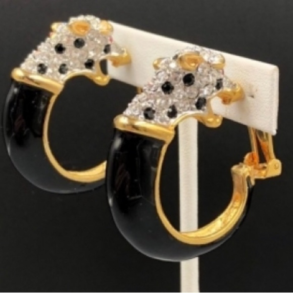KENNETH LANE CRYSTAL RHINESTONE BLACK ENAMEL PANTHER CLIP EARRINGS BOOK